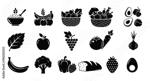 Assorted fresh fruits and vegetables icons on white background