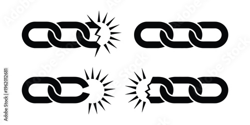 broken chain disconnect icon set, link break symbols collection, connection loss and unlink concept, separation and independence signs, minimal clean vector illustration design.