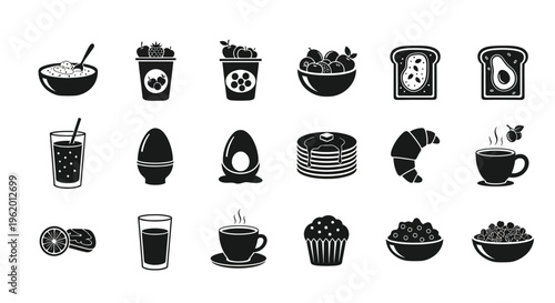 Black and white breakfast icons set including food and drink symbols like eggs toast cereal coffee and fruit on a plain background for culinary or meal planning use