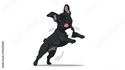 Energetic black french bulldog jumping in the air with its tongue out in a playful and joyful cartoon illustration.