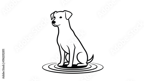 Simple black outline of a dog sitting in the center of concentric circular ripples on a clean white background.