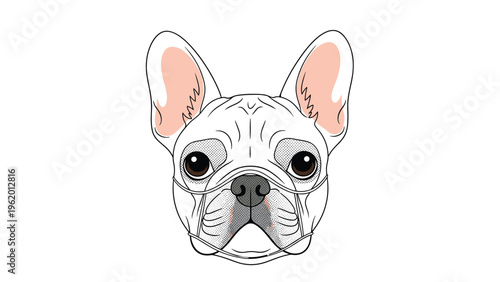 Close up face illustration of a white french bulldog wearing a thin protective medical mask on a plain background.