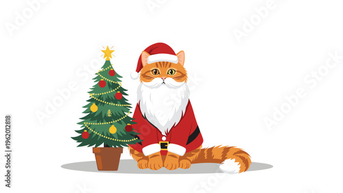 Festive ginger cat dressed in a santa claus outfit sitting next to a decorated christmas tree in a cute illustration.