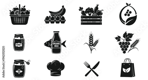 Black icons of food drink and kitchen items on white background including fruits vegetables and cooking utensils