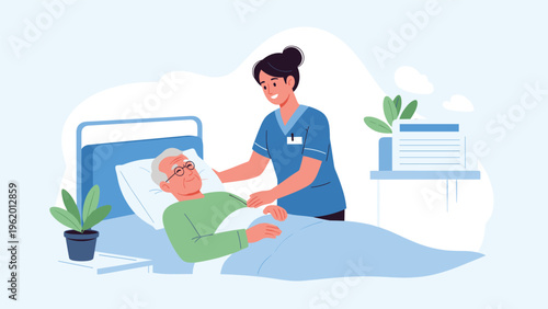 Caring nurse in blue scrubs attending to an elderly man lying in a hospital bed, providing medical care and comfort.
