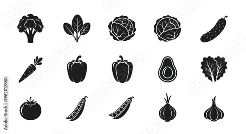 Collection of fresh vegetable icons including broccoli artichoke eggplant carrot bell pepper avocado and more on white background