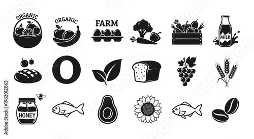 Black icons of organic food and farm products on white background including fruits vegetables grains and eco friendly labels for healthy eating and lifestyle concepts