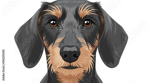 Close up portrait of a wire haired dachshund dog showing detailed fur and expressive eyes in a vibrant vector illustration.