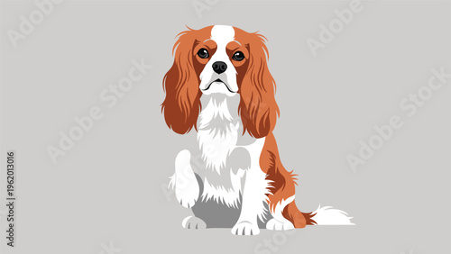 Adorable cavalier king charles spaniel dog sitting and raising its paw against a neutral grey background illustration.