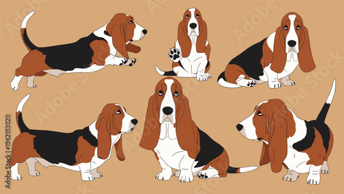 Collection of basset hound dog illustrations showing various poses like sitting, jumping, and waving on a tan background.