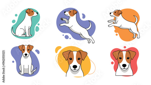 Fun set of jack russell terrier dog illustrations in active poses like jumping and sitting on colorful organic shapes.