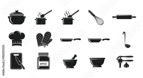 Black and white kitchen utensil icons for cooking and baking on a clean white background for culinary designs