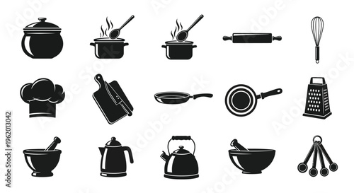 Black kitchen utensil and cookware icons set including pots pans chef hat rolling pin grater kettle bowls and mixing tools on white background for cooking and recipe design