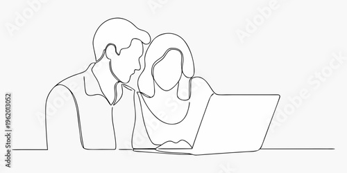 Couple looking at a laptop screen in a continuous line drawing style
