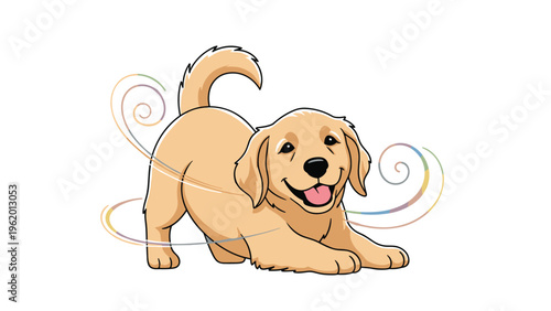 Playful golden retriever puppy in a play bow stretch position with colorful pastel swirls and lines around it.