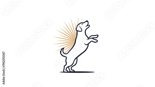Minimalist line art of a dog standing on its hind legs reaching upwards in a clean and modern black and white design.