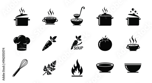 Cooking icons set including pots utensils and vegetables on white background for culinary themes
