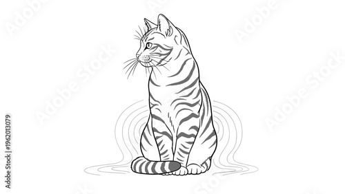 Simple line drawing of a tabby cat sitting calmly with its tail wrapped around its paws in a minimalist art style.
