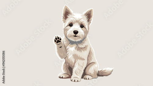 Small white west highland white terrier puppy sitting and waving one paw in a cute greeting against a plain background.