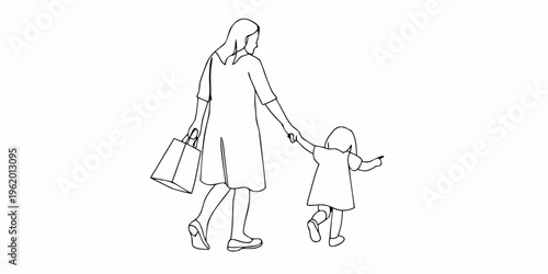 A mother and daughter walk hand in hand carrying a shopping bag