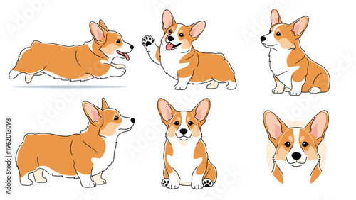 Various welsh corgi dog illustrations featured in a set with poses including running, sitting, and waving paw.