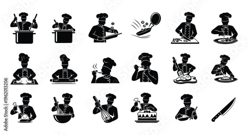 Collection of black and white chef icons performing various cooking actions and kitchen tasks on white background