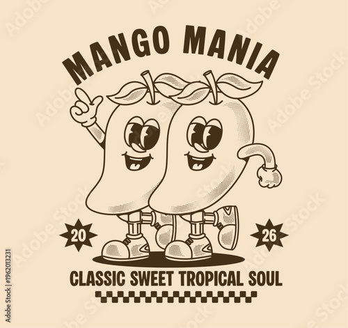 Retro twin mango characters in a classic vintage style. perfect for poster, t shirt design, apparel and sweet tropical vibes for modern streetwear