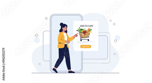 Woman Adding Groceries to Online Shopping Cart on Mobile App