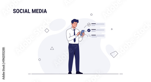 Man using smartphone for social media, checking tasks and notifications