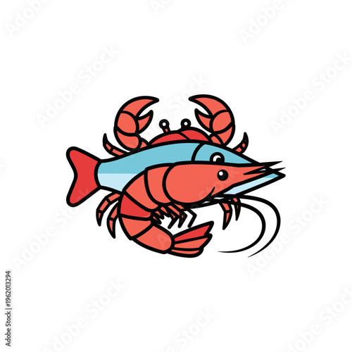 A stylized illustration of a crab, a fish, and a shrimp combined into a single creature.