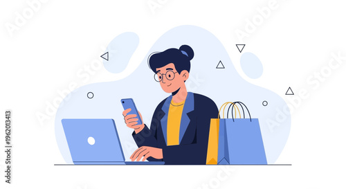 Woman with laptop and phone, online shopping, business woman, modern lifestyle