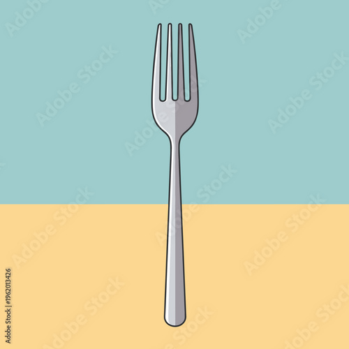 A simple, clean illustration of a metal fork with four tines against a split background of blue and yellow.