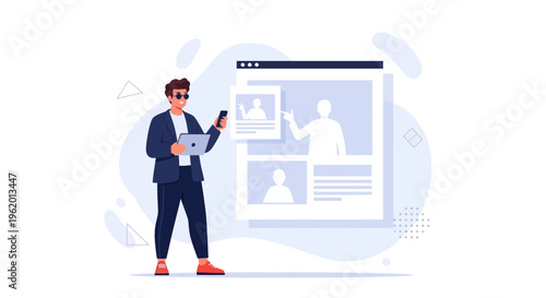 Man with laptop and phone interacting with online profile or website interface