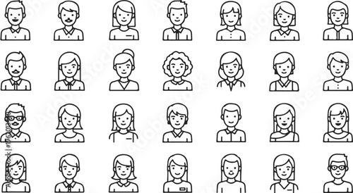 diverse group of hand-drawn cartoon faces showing various emotions and expressions in flat design style