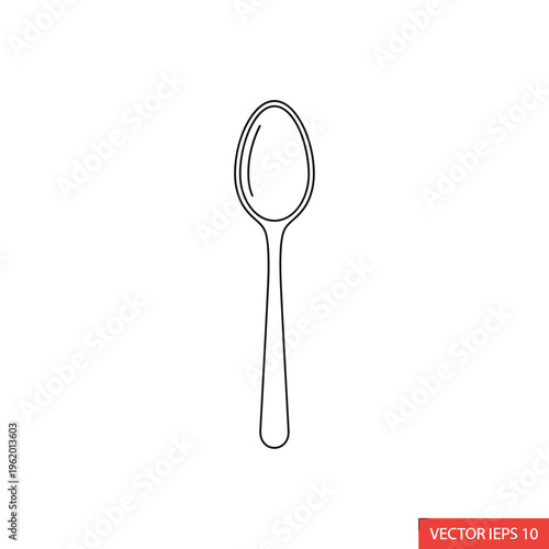 Simple line art drawing of a single metal spoon, typically used for eating or serving food.