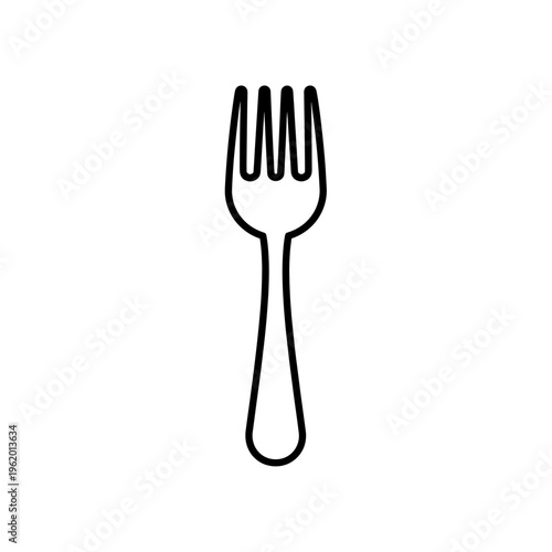 A simple black outline drawing of a four-tined fork, a common eating utensil.
