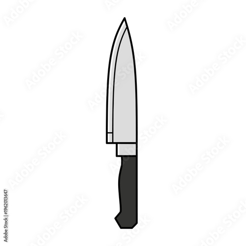 Simple illustration of a kitchen chef's knife with a silver blade and black handle.