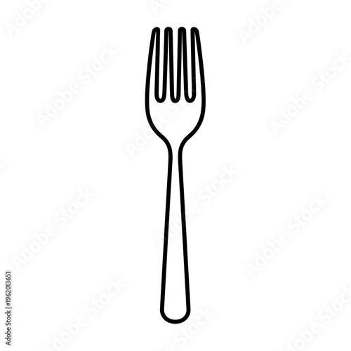 Simple black outline drawing of a four-tined dining fork on a white background, a common kitchen and table utensil.
