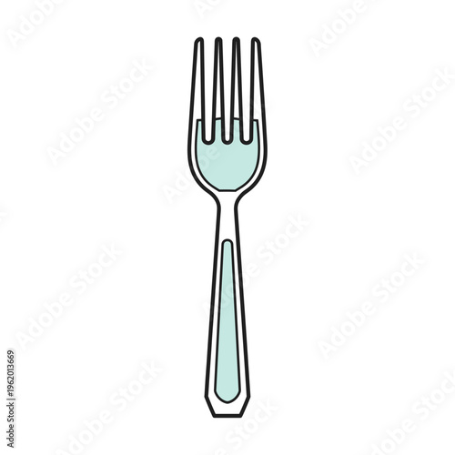 Simple graphic illustration of a four-tined eating fork with a light blue interior and dark outline, depicted on a white background.