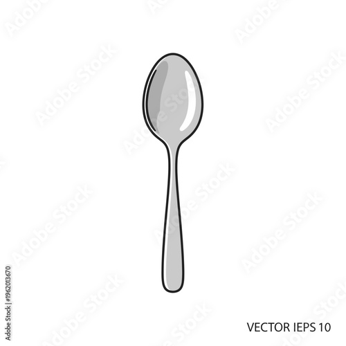 A simple, elegant illustration of a single silver spoon, depicted vertically on a plain white background.
