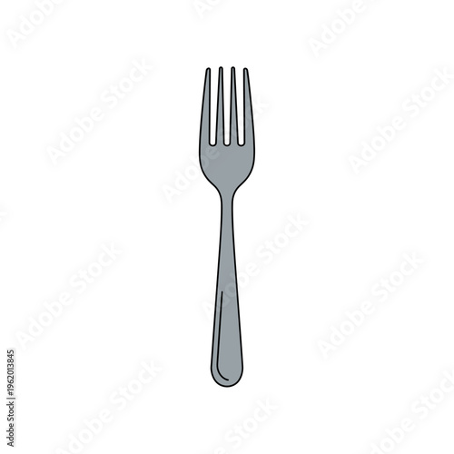 Simple cartoon illustration of a silver four-tined dining fork on a white background.