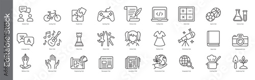 School club and extracurricular activity icon set – editable outline symbols of debate, cycling, coding, music, chess, dance, science and more