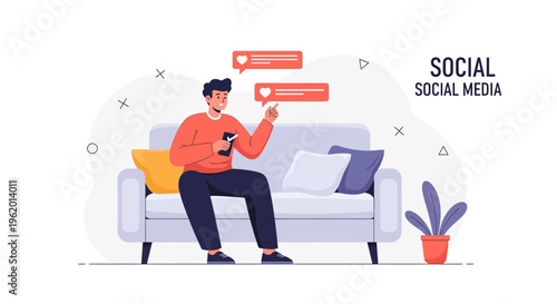 Man Relaxing on Sofa Using Smartphone, Social Media Likes and Messages