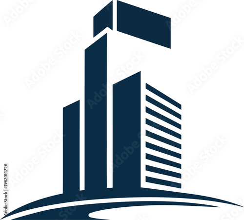 Dark blue silhouette graphic represents a modern corporate skyscraper or commercial real estate building design.