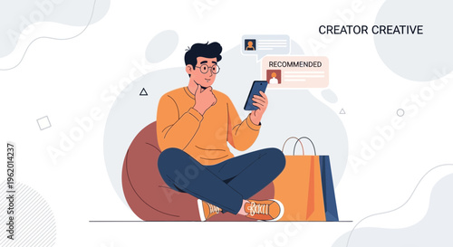 Man Relaxing with Smartphone, Online Shopping, Recommendations, Creator Creative Concept