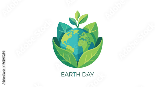 Earth Day Concept with a Green Globe Cradled by Stylized Leaves