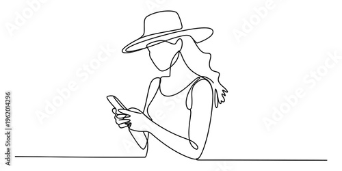 Continuous line drawing of a stylish woman in a sun hat using her smartphone on a plain background.