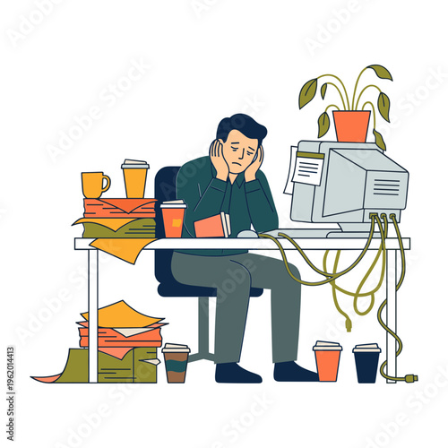 A stressed man sits at a cluttered desk with a computer and papers.