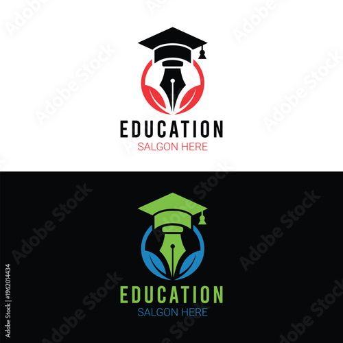 Stylized educational logo design incorporates a mortarboard, fountain pen nib, and stylized leaves within circular elements.