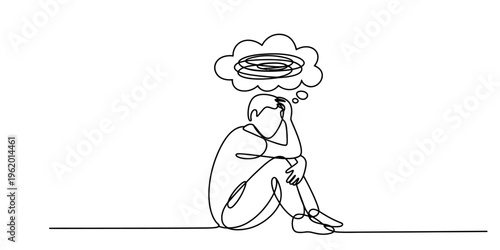 Continuous line drawing of a person sitting in despair with a tangled thought bubble